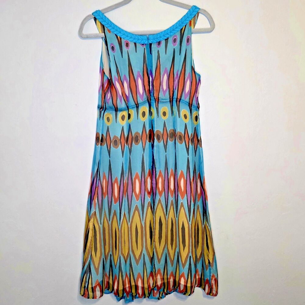 Tory Burch Silk Peacock Blue Dress Women's 6 Ikat Pleated Sleeveless Midi Luxury - Picture 3 of 8